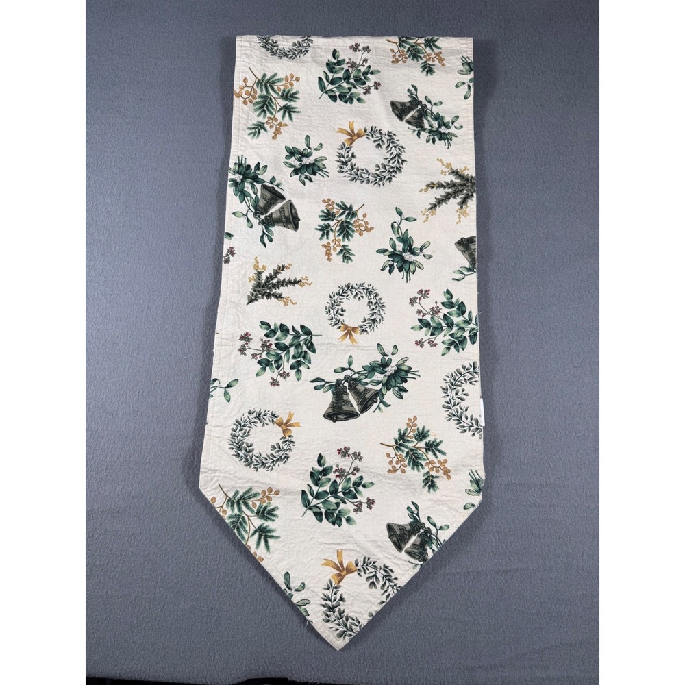 Martha Stewart Everyday Christmas Table Runner Bells Wreaths Holiday 64" Cotton